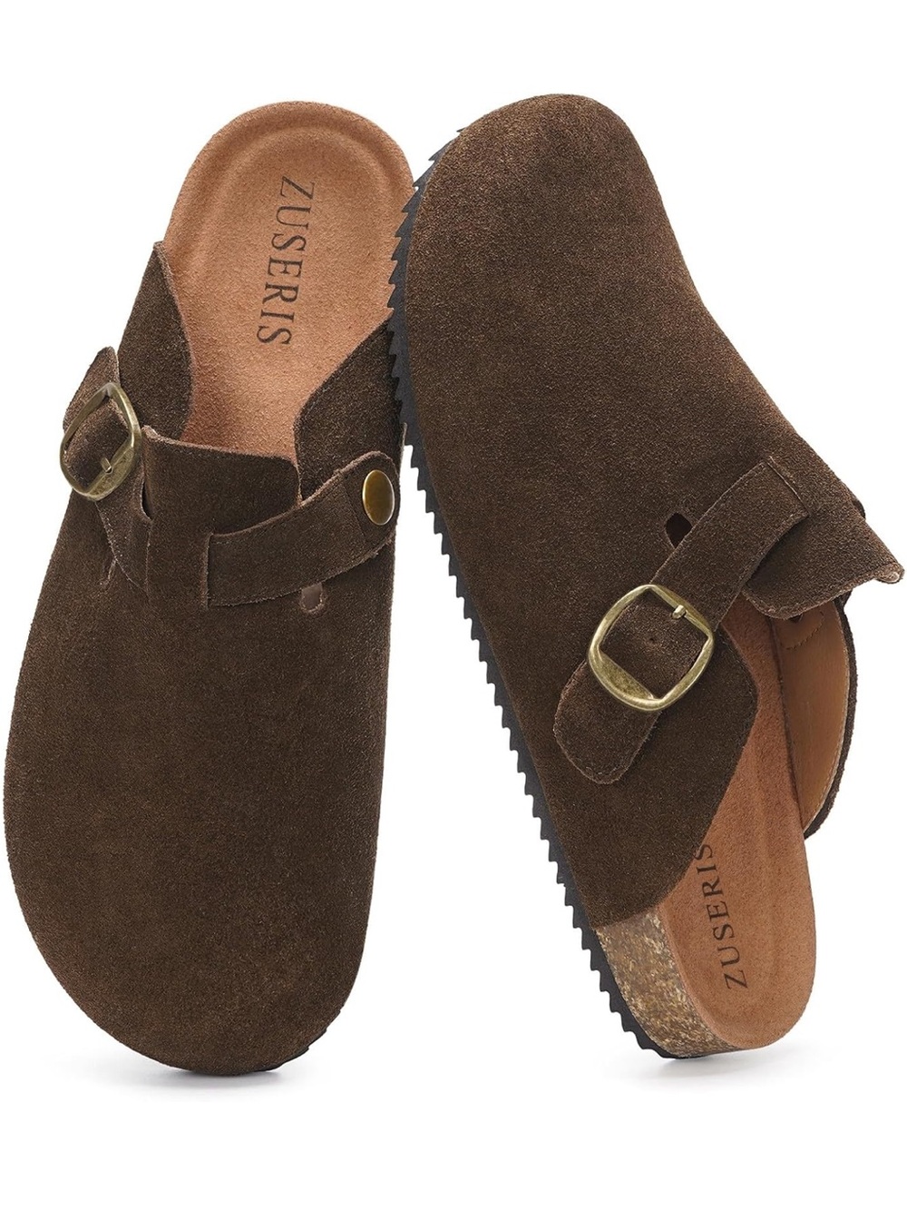 Zuseris Brown Suede Slide Clog with Adjustable Buckle